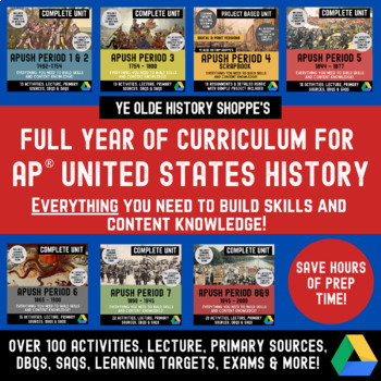 Preview of APUSH Full YEAR of Curriculum: Activities, Primary Sources, Exams, DBQs & more!