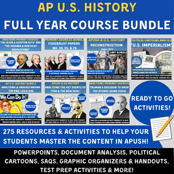 Preview of APUSH Full Year Bundle- PPTs, Primary Sources, Activities, SAQs, Review & more!