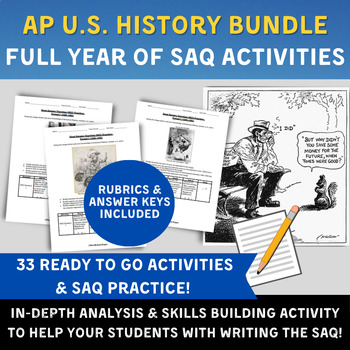 Preview of APUSH Full Year of SAQs- 33 Stimulus Based SAQ Activities -Answer Keys Included!