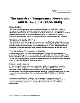 Preview of APUSH Period 4: The American Temperance Movement Information Guide