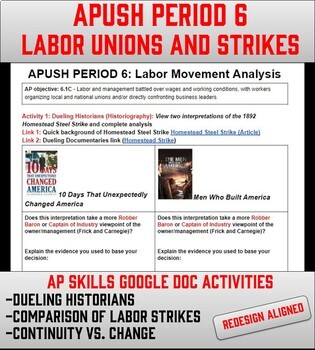 Preview of APUSH Period 6: Labor Union and Strikes -Dueling Documentary Engaging Activity