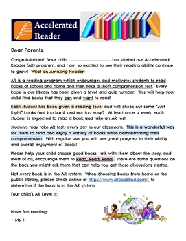 Preview of AR Accelerated Reader Parent Letter