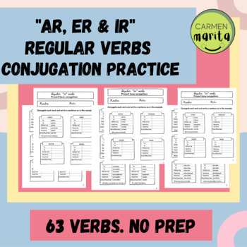 Preview of AR ER IR Reg Verbs Conjugation Practice Present tense Bundle. Print, edit, EASEL