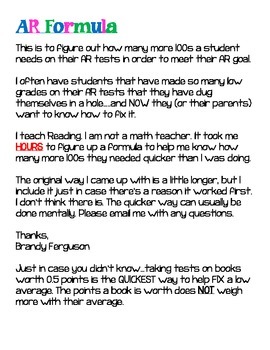 Preview of AR Formula to Meet AR average Goal Accelerated Reader Reading Log tracker