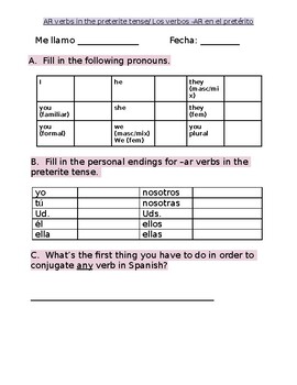 Preterite Ar Verbs Worksheets