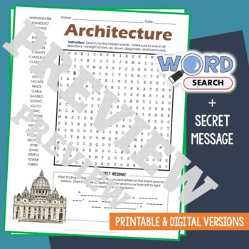 Preview of ARCHITECTURE Word Search Puzzle Activity Vocabulary Worksheet Secret Code