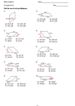 Preview of AREA OF A PARALLELOGRAM - 50 MULTIPLE CHOICE QUESTIONS + ASWER KEY