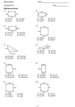 Preview of AREA OF A TRIANGLE-SQUARE-RECTANGLE 100 MULTIPLE CHOICE QUESTIONS + ANSWER KEY
