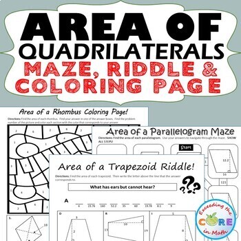 Preview of AREA OF QUADRILATERALS Parallelogram, Trapezoid, Rhombus Maze, Riddle, Color