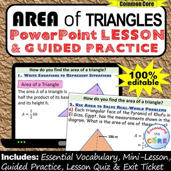 Preview of AREA OF TRIANGLES PowerPoint Lesson AND Guided Practice | Distance Learning