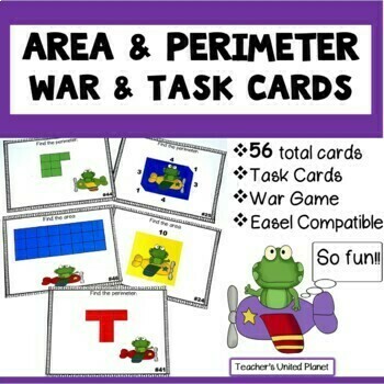 Preview of Area & Perimeter Games/Activities- War, Task Cards, Charts + Self-Checking Easel