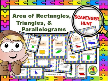Preview of AREA of RECTANGLES, TRIANGLES, & PARALLELOGRAMS Scavenger Hunt Math Task Cards