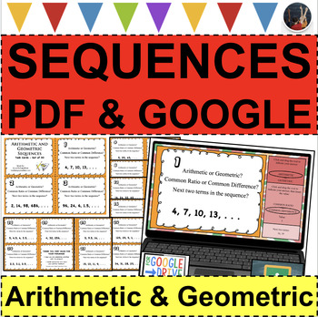 Preview of ARITHMETIC & GEOMETRIC SEQUENCES Task Cards Stations (PDF & GOOGLE SLIDES)