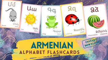 Preview of ARMENIAN Alphabet FLASHCARD with picture, Learning Armenian, Armenian Letter