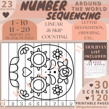 Preview of AROUND THE WORLD Sequencing Puzzles | Number Sense | 1-10 | 11-20 Skip Counting