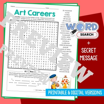 Preview of ART CAREERS Word Search Puzzle Activity Vocabulary Worksheet With Secret Message