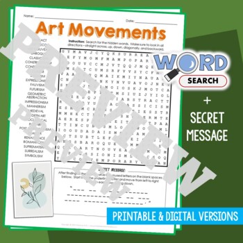 Preview of ART MOVEMENTS Word Search Puzzle Activity Vocabulary Worksheet Secret Code