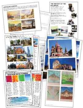 Preview of ART Polaroid Watercolor Landscape Architecture Lesson Project Worksheet SET