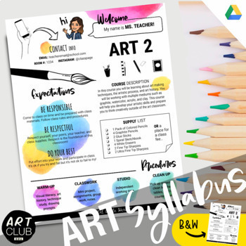 Preview of ART SYLLABUS Template | Editable Rainbow Watercolor+ Black and White Version