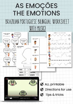 Preview of AS EMOÇÕES (EMOTIONS) BRAZILIAN PORTUGUESE BILINGUAL WORKSHEET WITH MUSIC!