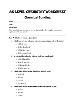 Preview of AS Level Chemistry Chemical Bonding Worksheet