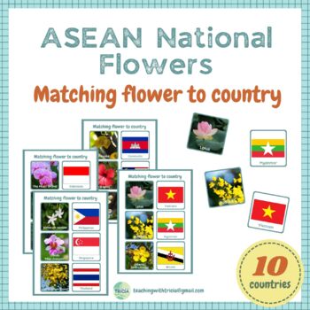 Preview of ASEAN National Flowers and Flags Matching - 10 Countries, 12 Flower photo cards