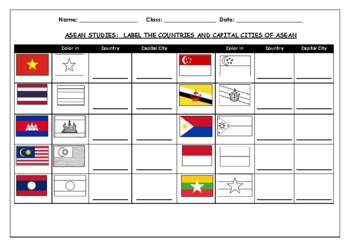 Preview of ASEAN studies: Label the countries and capital cities of ASEAN flags