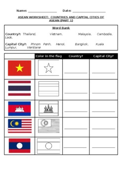 Preview of ASEAN worksheets: Flags and countries of Asean countries + activites
