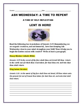 Preview of ASH WEDNESDAY: A SELF REFLECTION WRITING ASSIGNMENT