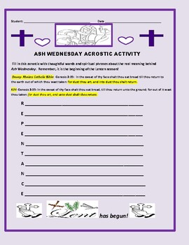 Preview of ASH WEDNESDAY ACROSTIC ACTIVITY: GRS. 3-8, ESL