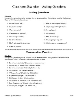 Preview of ASL 1 - Classroom Exercises Asking Questions