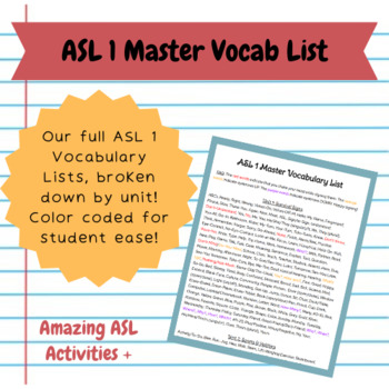 Preview of ASL 1 Master Vocabulary List