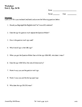 Asl 1 Worksheet Unit 2 Pgs 54 70 Questions For Master Asl Tpt