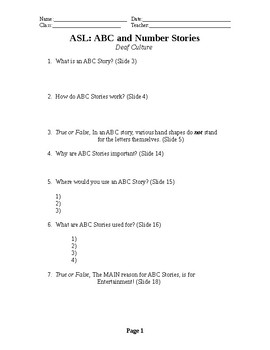 Preview of ASL ABC and Number Stories Student Worksheet