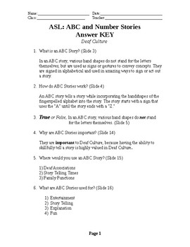 Preview of ASL ABC and Number Stories Student Worksheet Key
