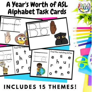 Preview of ASL Alphabet Tracing Task Cards and Flashcards for the Year with Pictures