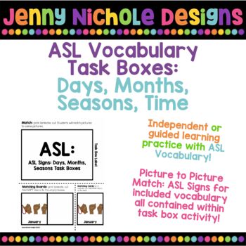 Preview of ASL (American Sign Language) Task Boxes: Days, Month, Time, Seasons Vocab