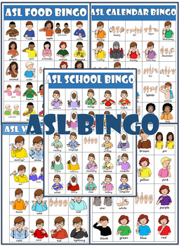 Preview of ASL (Sign Language) Bingo Bundle (calendar, food, colors, school, weather)