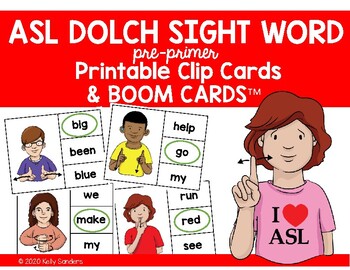 Preview of ASL Dolch Sight Word Clip Cards & Boom Cards for Distance Learning- Preprimer