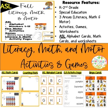 Preview of ASL Fall Literacy Math Motor Skills Activities Games Centers Worksheets