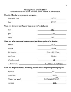 Preview of ASL Glossing Packet Answer Key