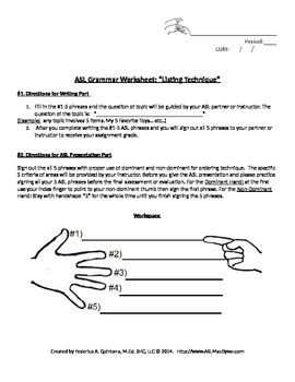 Preview of ASL Grammar Worksheet ASL "Listing" Technique