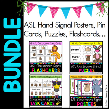 Preview of ASL Hand Signal Bundle (ASL Posters, Puzzles, ASL Pin Cards, Flashcard) Set 3
