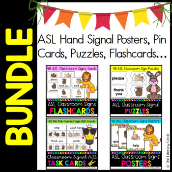 Preview of ASL Hand Signal Bundle ( Confetti Posters, Puzzles, Pin Cards, Flashcards)