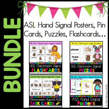Preview of ASL Hand Signal Bundle (Posters, ASL Puzzles, ASL Pin Cards, Flashcards) Set 2