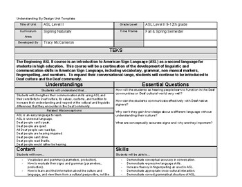 Preview of ASL II Backward Design- Signing Naturally