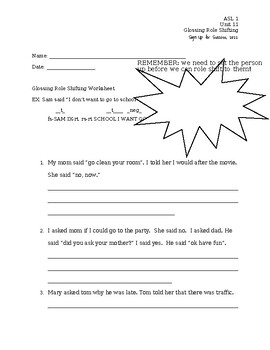 Preview of ASL Level 1- Unit 11 Role Shifting Glossing Worksheet
