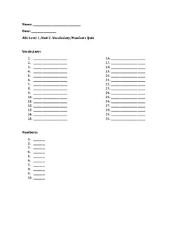 Preview of ASL Level 1- Unit 2 Vocabulary & Numbers Quiz with Answer Key