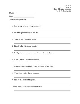 Preview of ASL Level 1- Unit 6 Glossing Time Practice Worksheet
