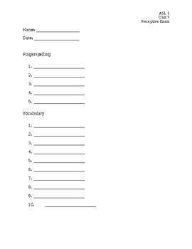 Preview of ASL Level 1- Unit 7 Receptive Exam with Answer Key